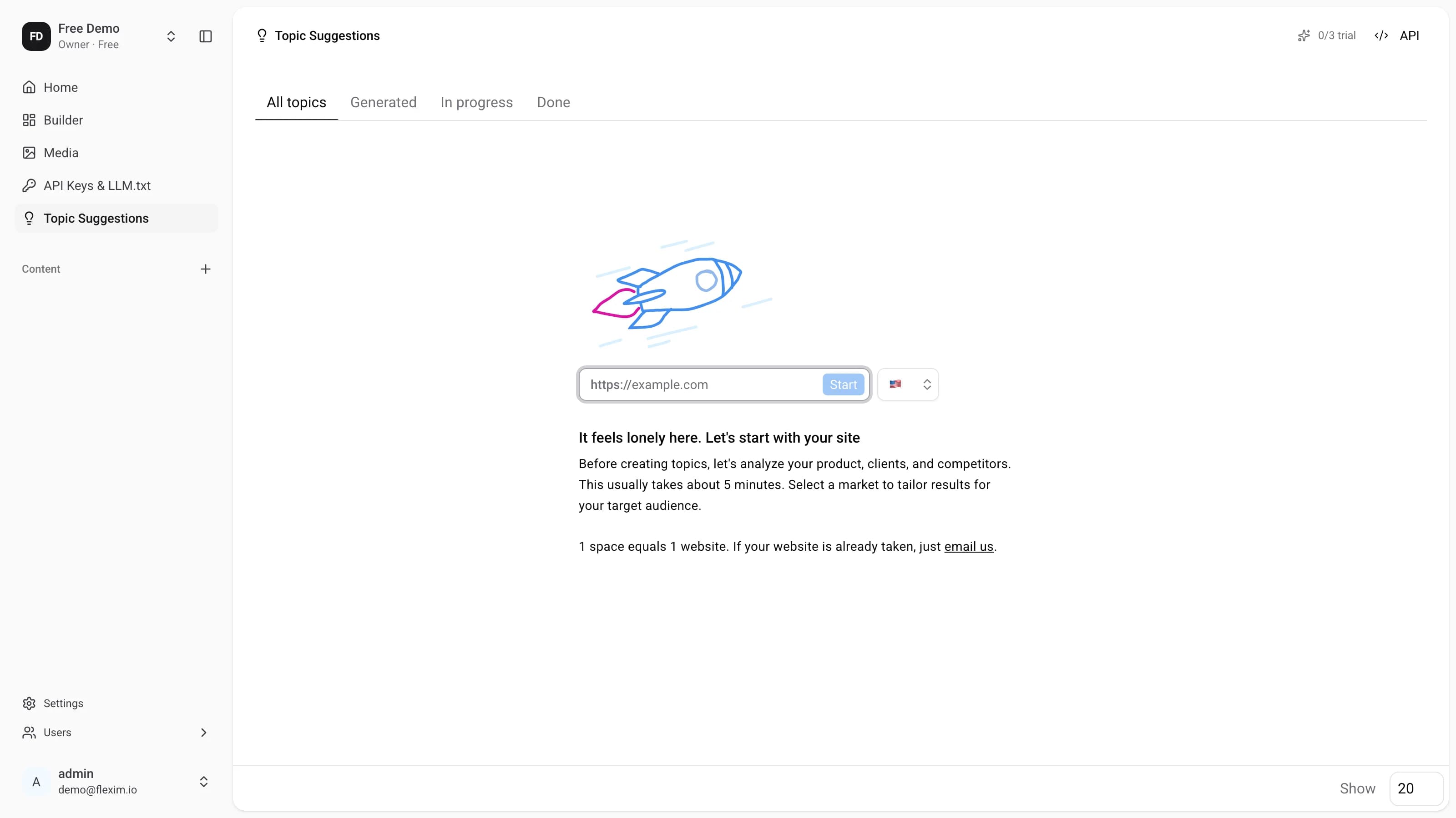 Website analysis start screen