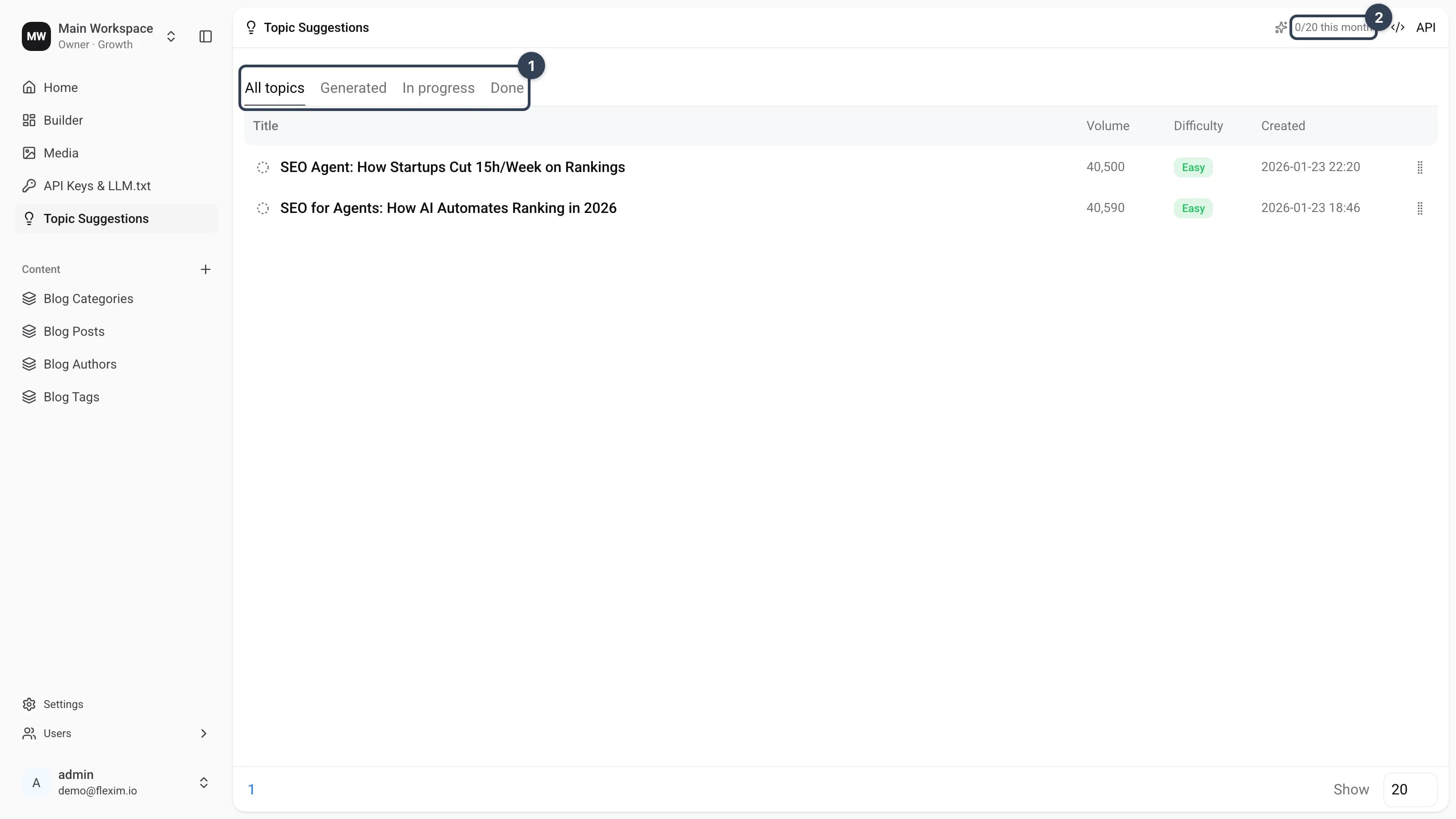 Topic Suggestions page