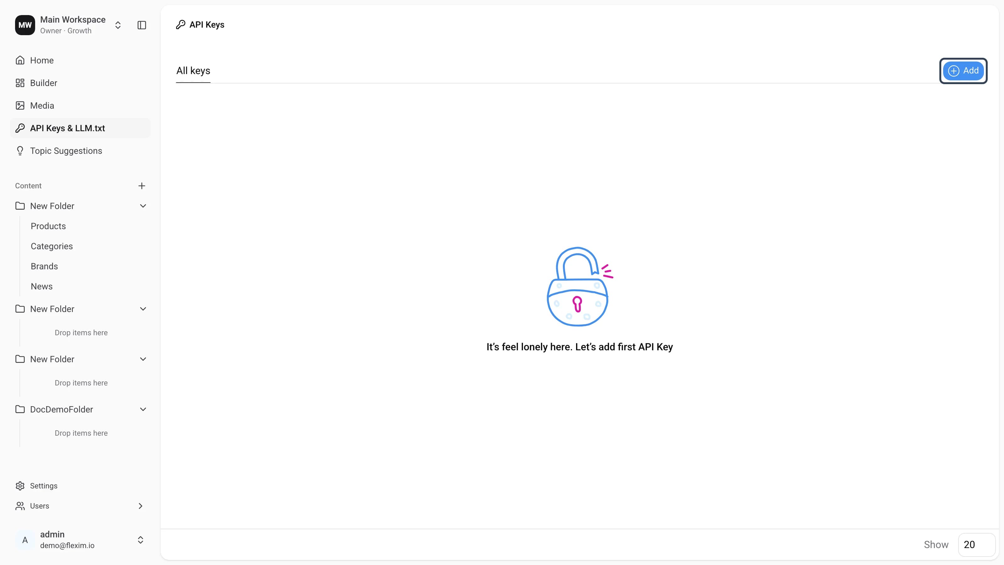Empty API Keys list with the Add button
