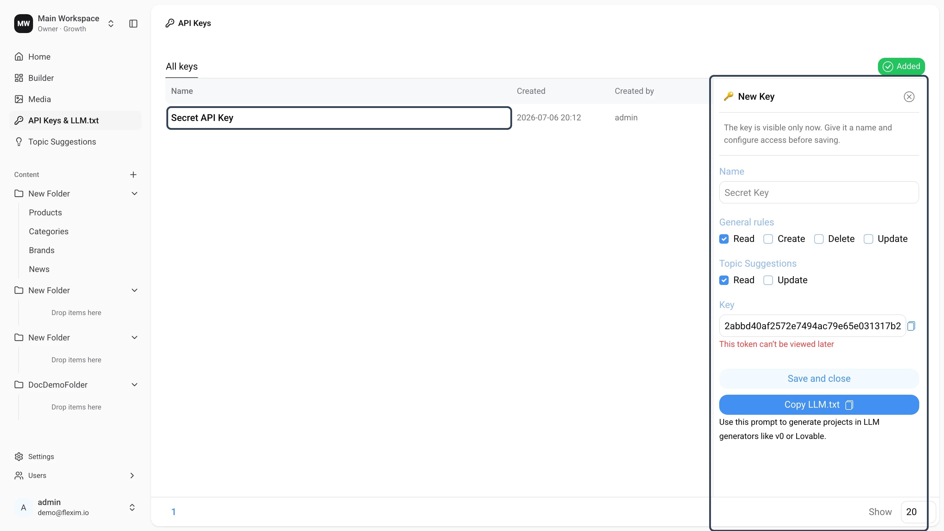 New Key panel with the generated key and the new list row