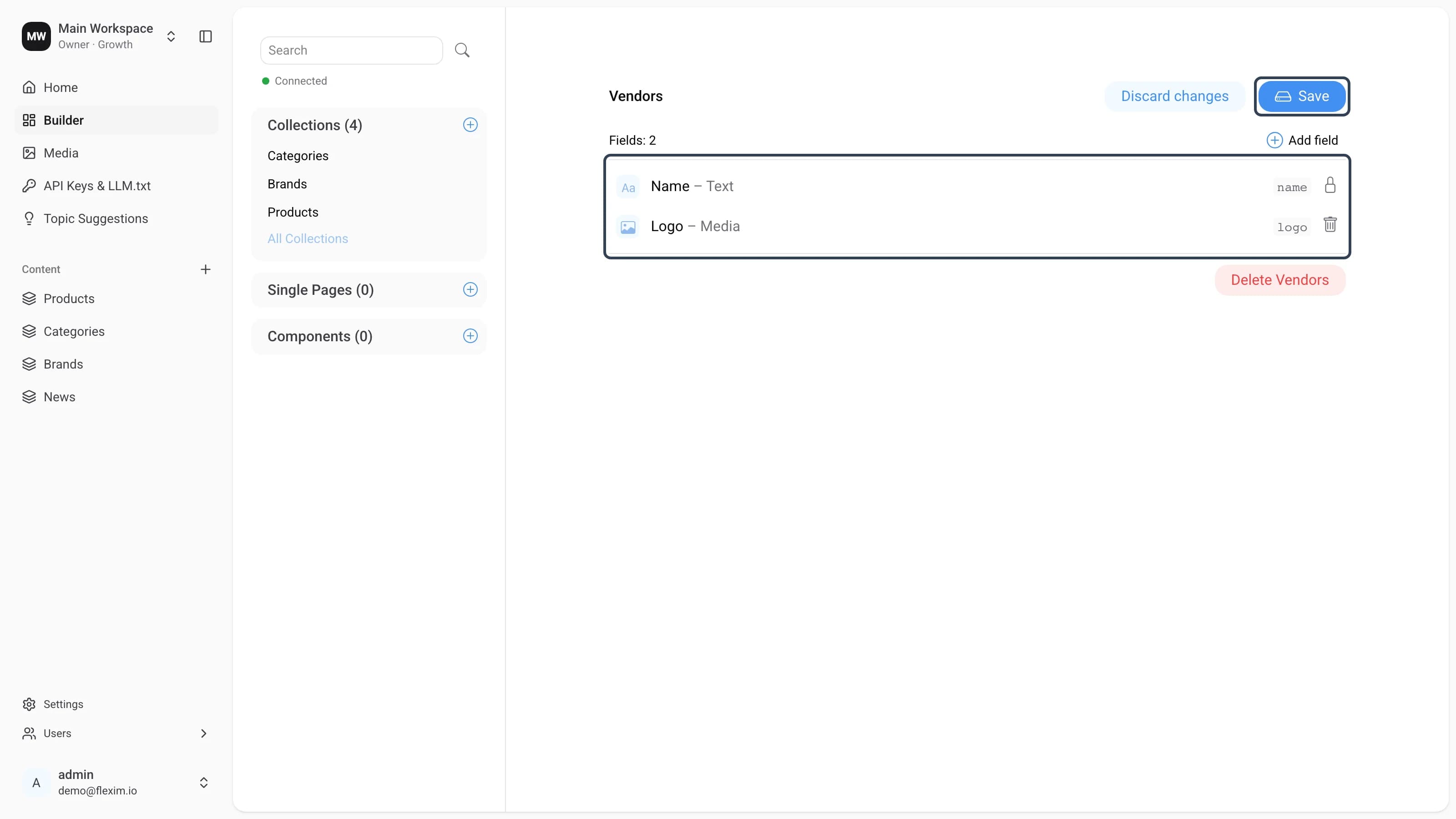 The new schema field list and the Save button