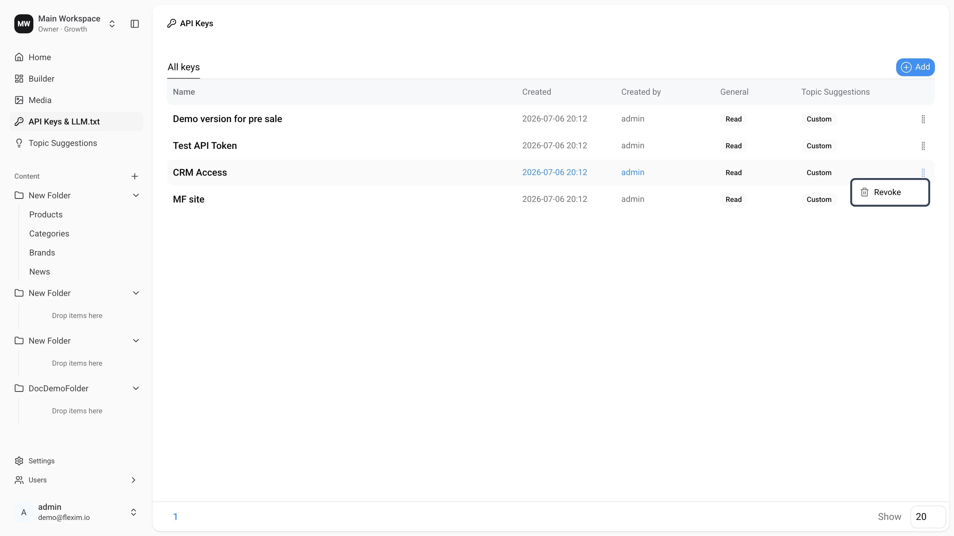 Row context menu with the Revoke option