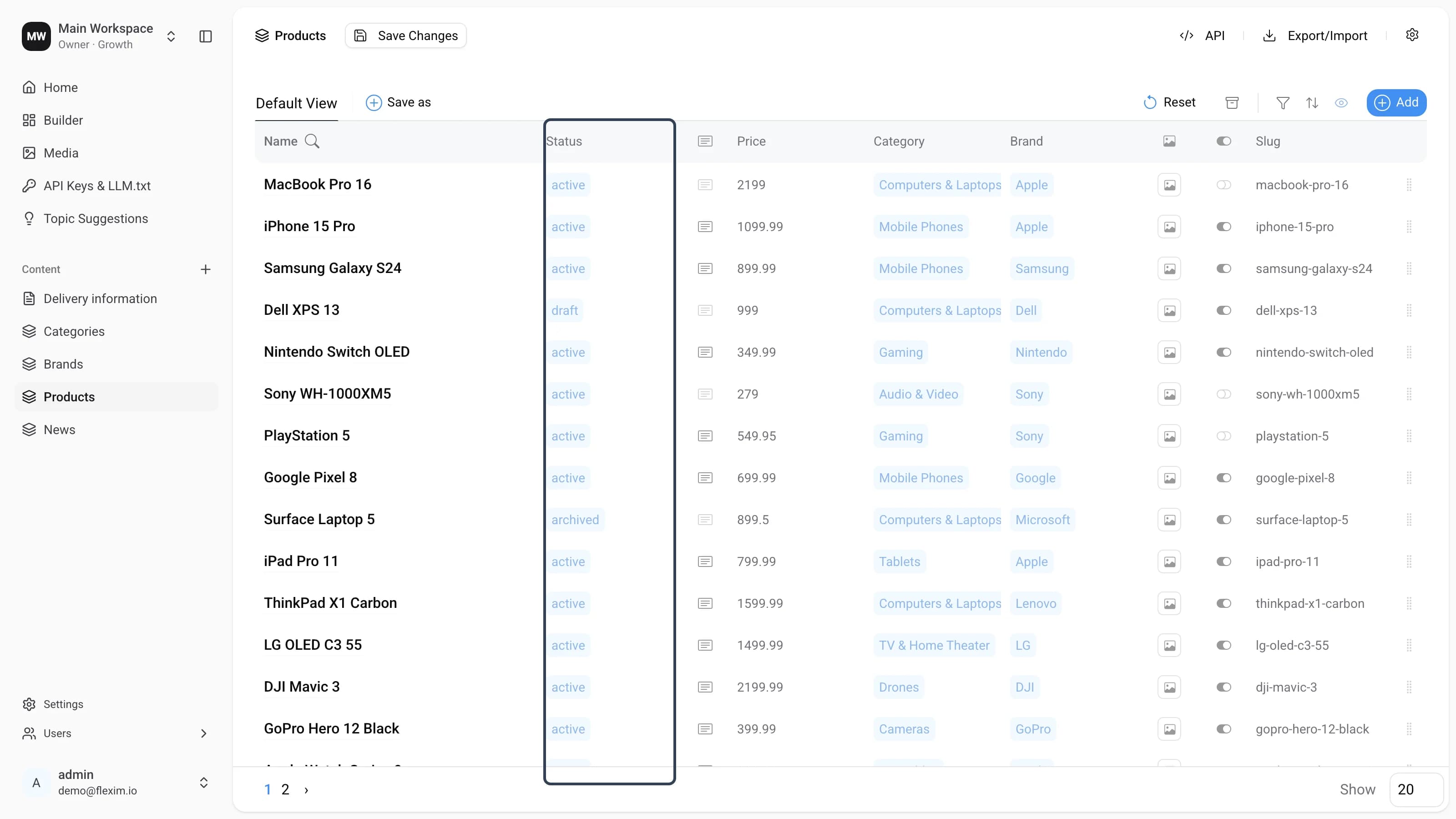 Status moved to the first column, Save Changes appears